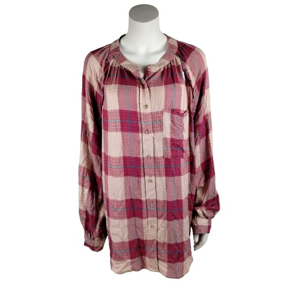 Time and Tru Maternity Womens XXL Woven Button Up Top Pink Plaid Shirt - Picture 1 of 7